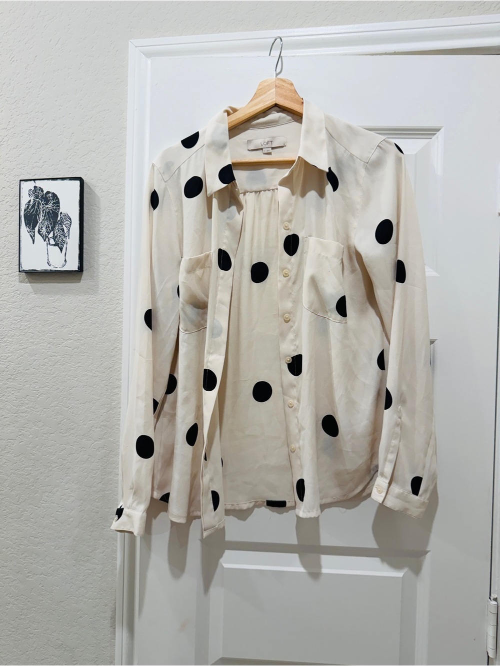 LOFT Cream Button-Down Shirt with Black Polka Dots